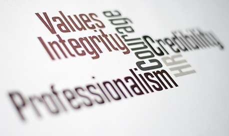 A word cloud with "values, integrity, professionalism, courage, HR & credibility"